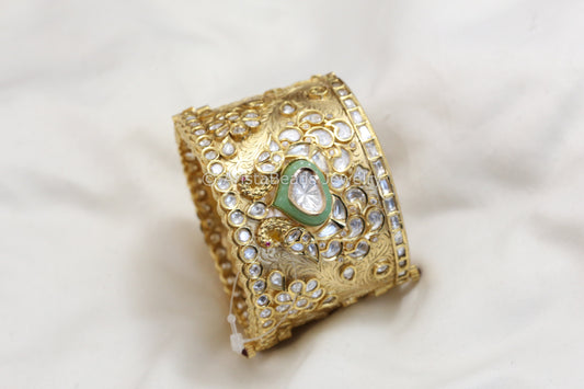 Premium Uncut Polki Kundan Wide Bangle (Mint Pota)