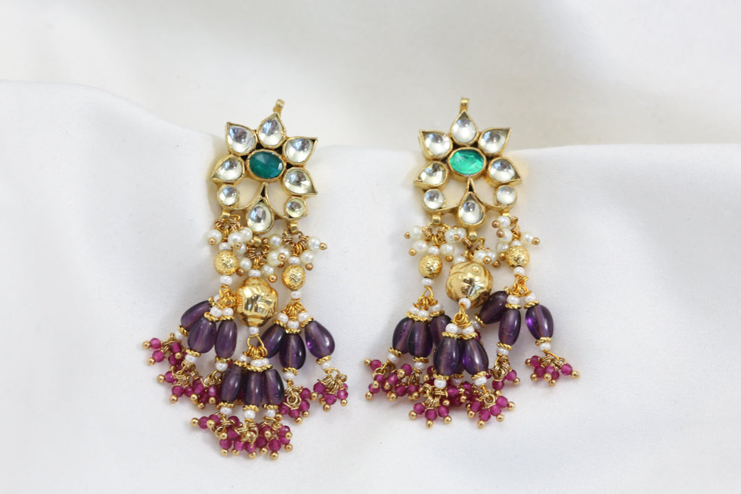 Pachi Kundan Earrings - Rhodolite Drops