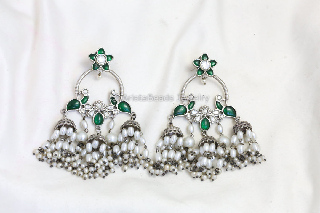 Long Silver Look Kundan Chandbaali Jhumka- Green