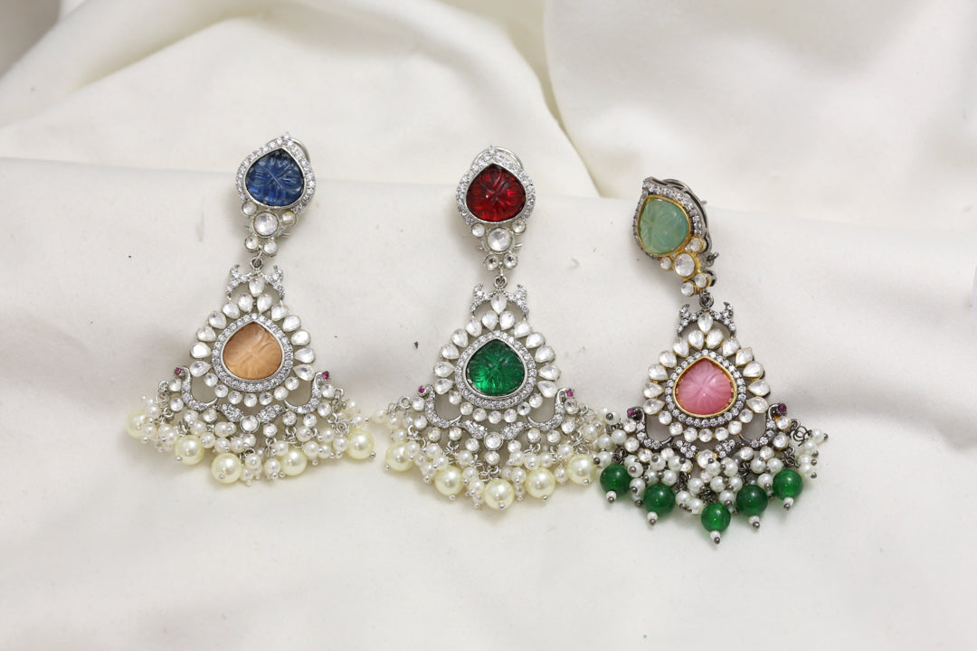 Fine Kundan Polki & CZ Earrings With Carved Stones