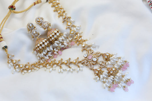 Real Moissanite & Jadau Jhumka Necklace Set - Pink