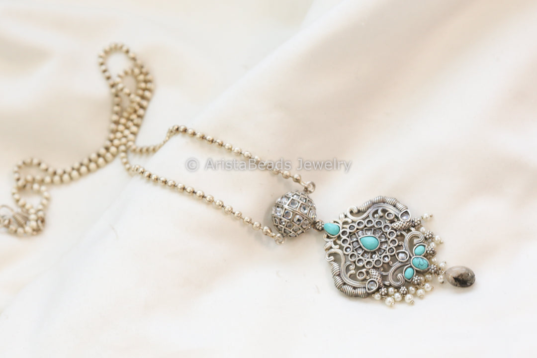 Jadau Look Pendant Necklace - Turquoise Clear