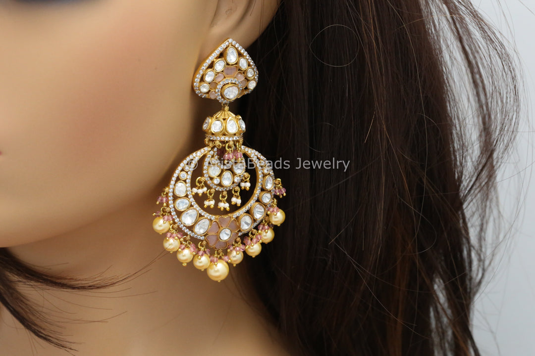 Real Moissanite Pink Kundan Jadau Earrings