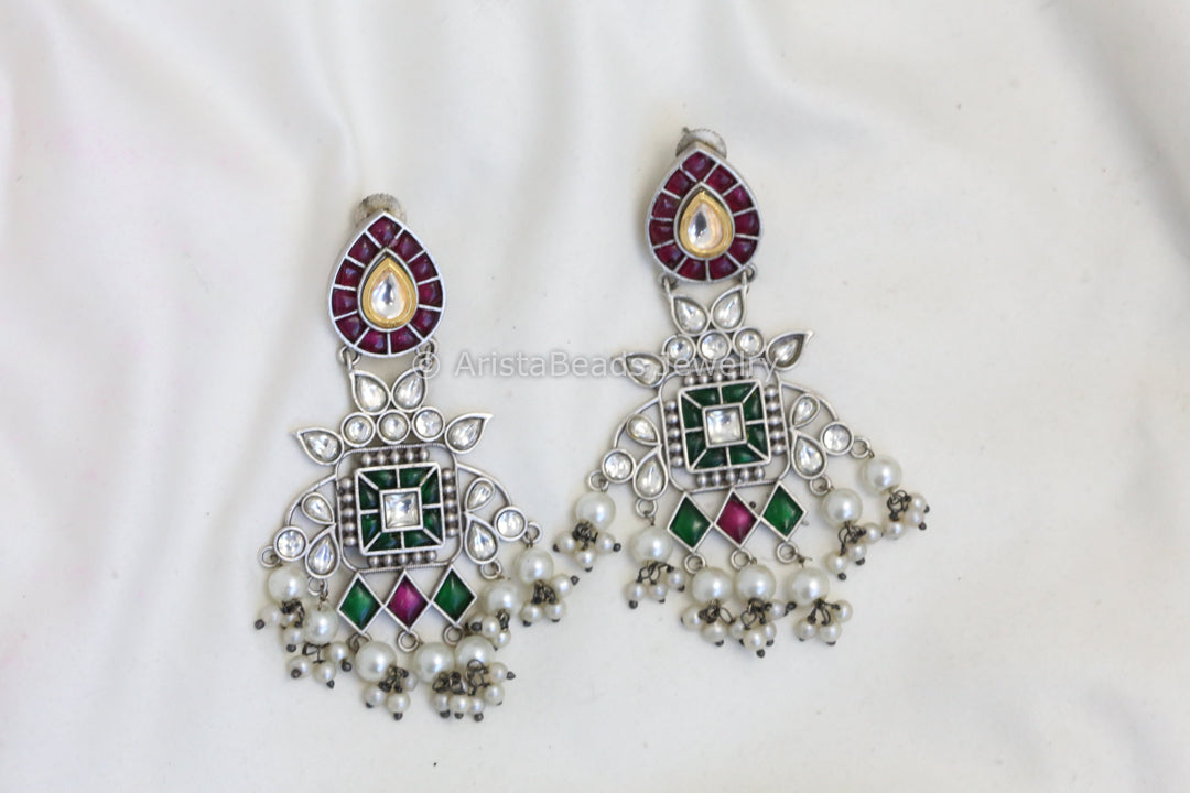Real Silver Look Alike Kundan Earrings - Red