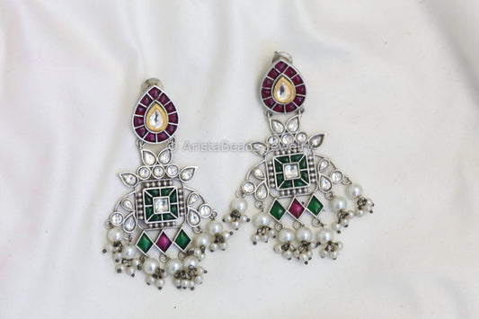 Real Silver Look Alike Kundan Earrings - Red