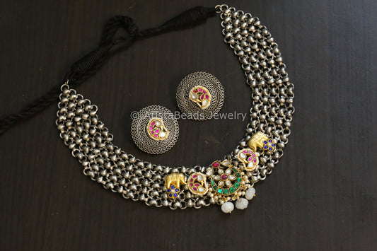 Silver Look Jadau Fusion Necklace Set - Stye 1