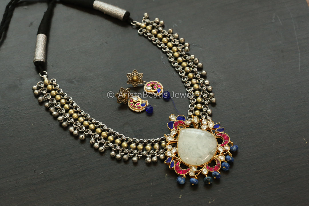 Moonstone Jadau Kundan Pendant Necklace Set - Style 2