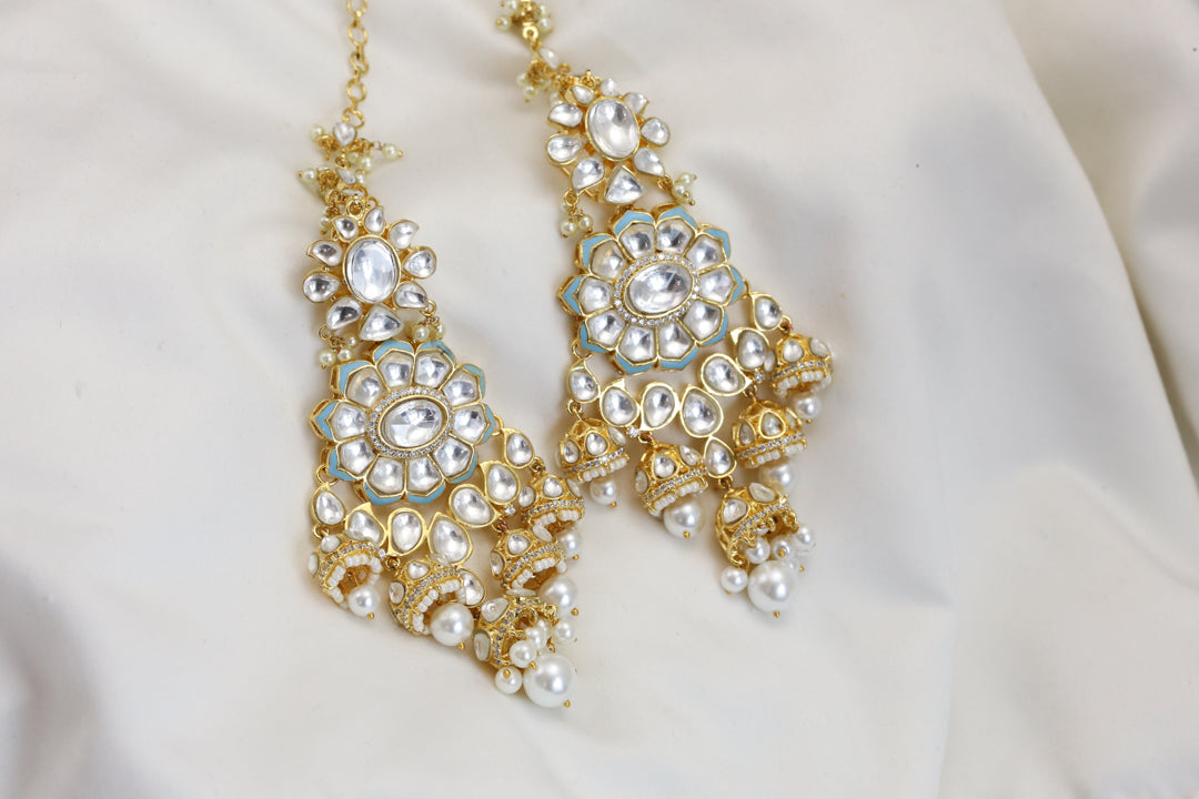 Kundan Polki Ear Chain Jhumka - Powder Blue