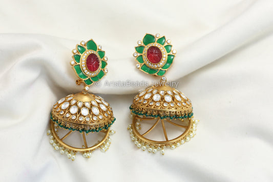 Premium Takkar Jadau & Uncut Polki Jhumka- Green Ruby