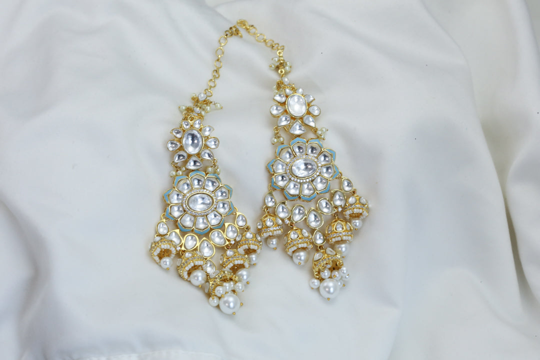 Kundan Polki Ear Chain Jhumka - Powder Blue