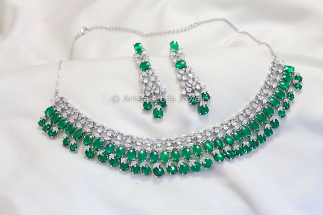 Premium Quality CZ Necklace Set - Green Pota