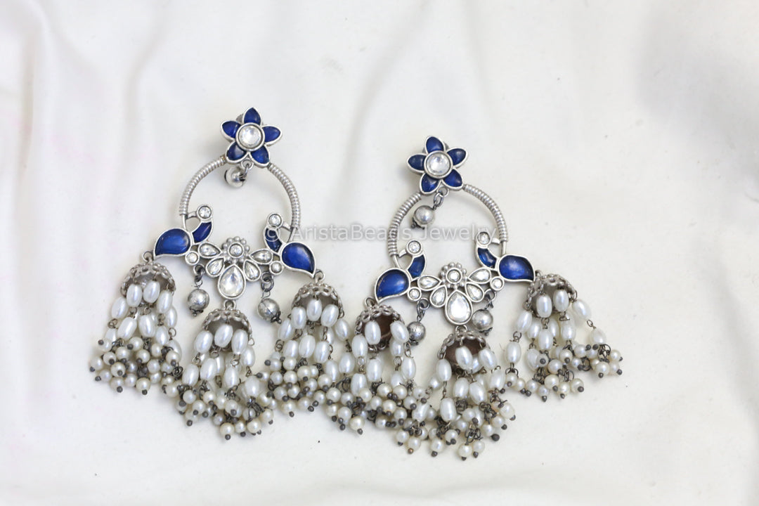 Long Silver Look Kundan Chandbaali Jhumka- Blue
