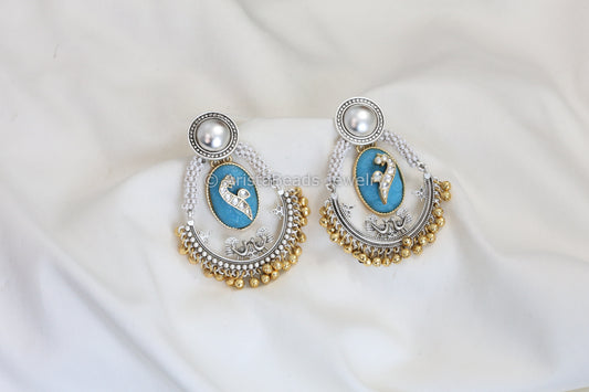 Dual Tone Carved Stone Earrings - Blue