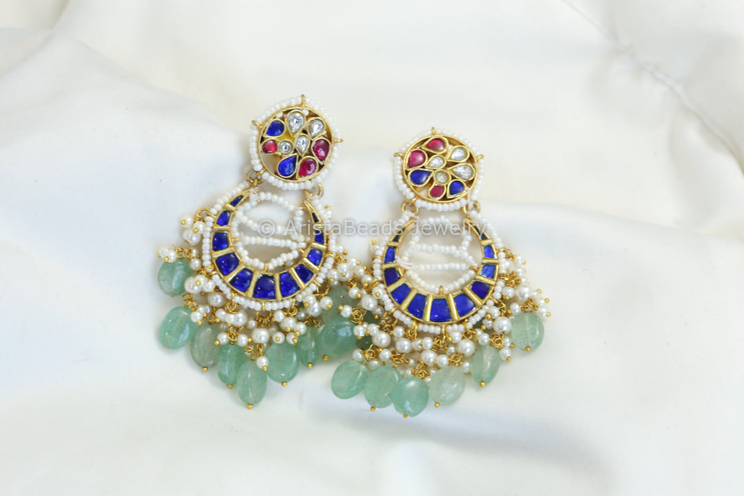 Pearl Piroyi Jadau Kundan Chandbaali - Blue