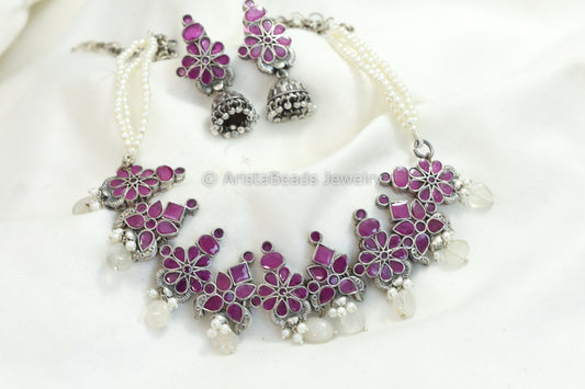 Sitara Silver Look Oxidized Necklace Set - Ruby