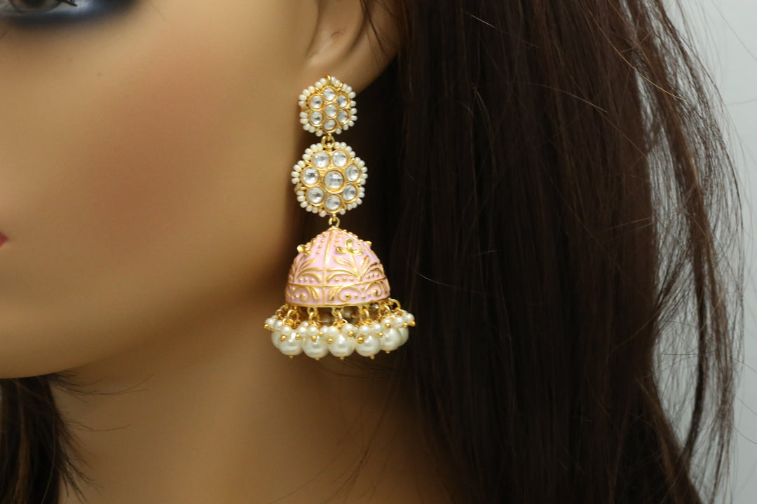 Kundan Polki Enamel Jhumka - Pink