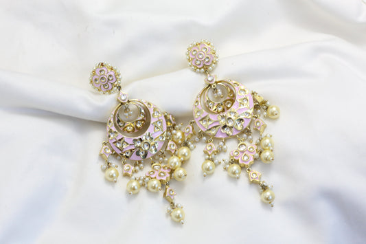 Jadau Polki Enamel Chandbaali -Pink