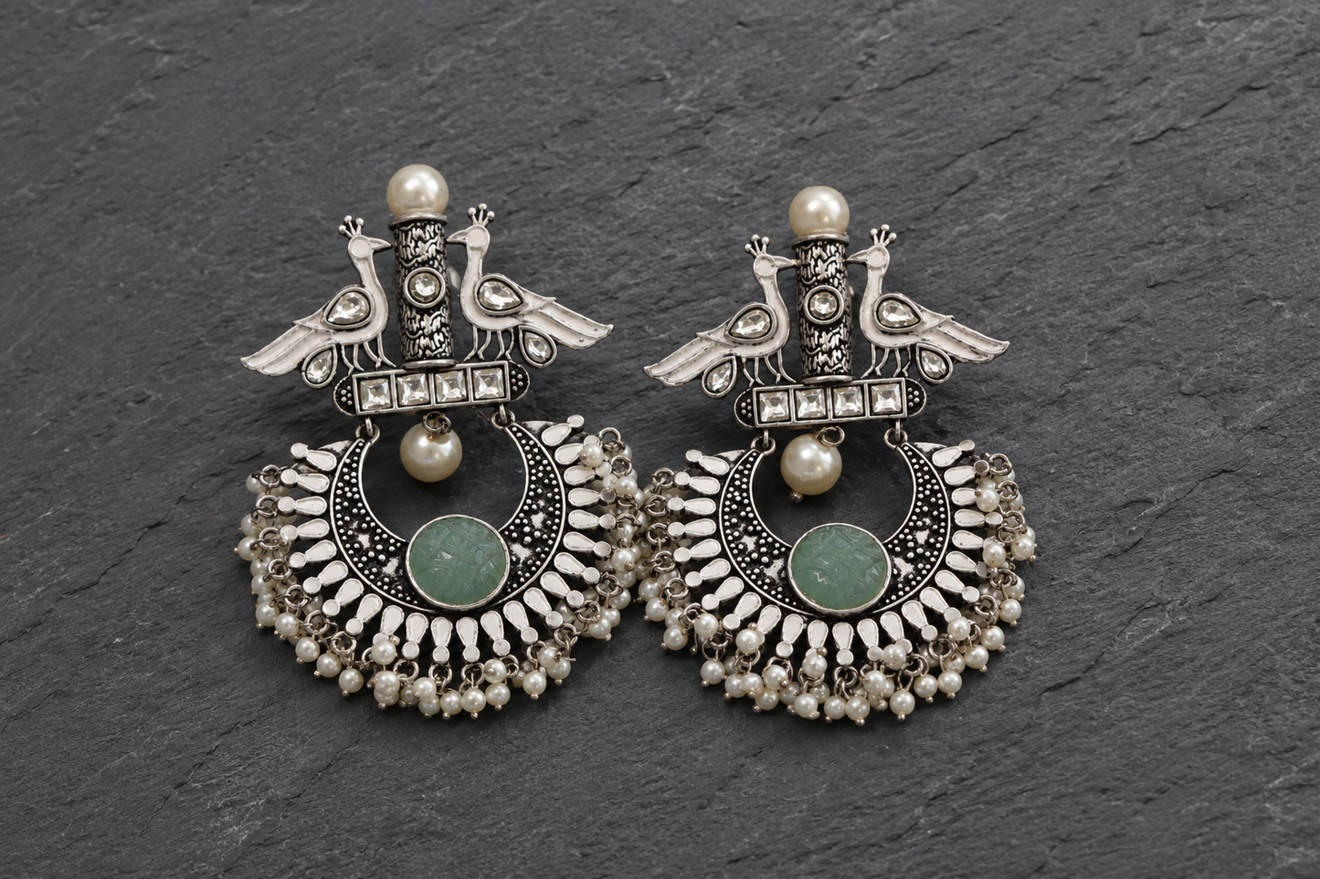 Peacock Kundan Enamel Chandbaali - Silver Finish