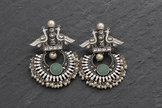 Peacock Kundan Enamel Chandbaali - Silver Finish