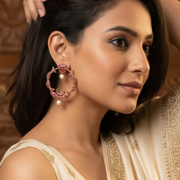 Jadau Kundan Fish Chandbaali  - Ruby
