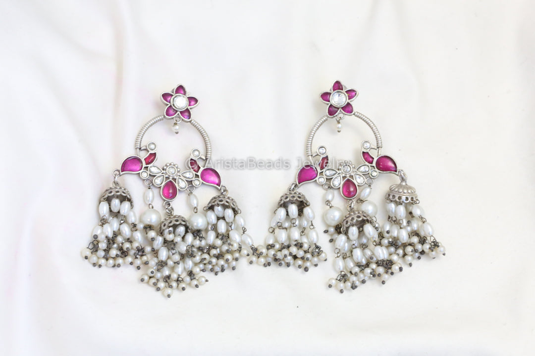 Long Silver Look Kundan Chandbaali Jhumka - Ruby