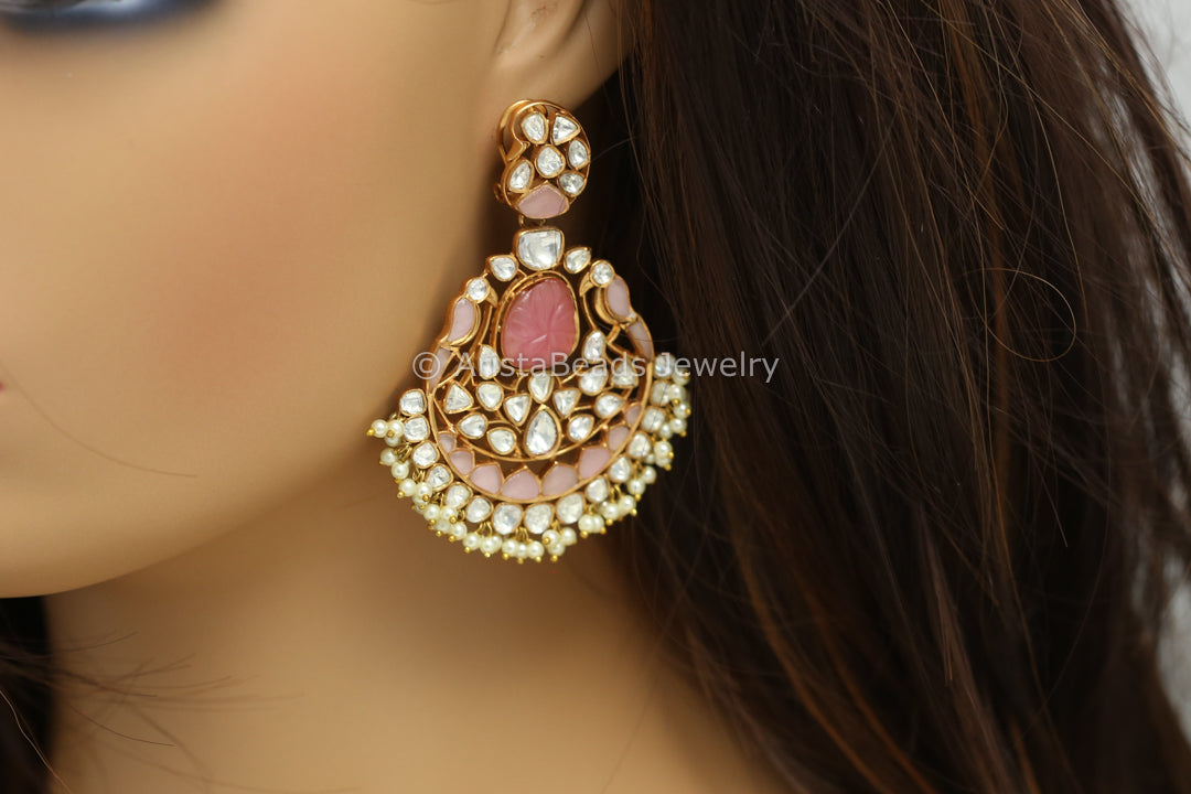 Pink Jadau & Uncut Polki Kundan Chandbaali