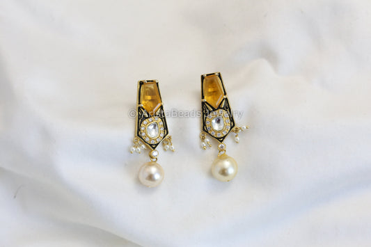 Yellow CZ Kundan Enamel Earrings
