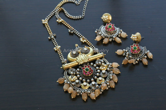 Silver Look Kemp Kundan Fusion Necklace Set - Mint Clear