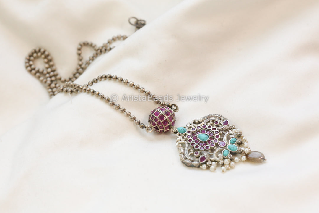 Jadau Look Pendant Necklace - Turquoise Ruby