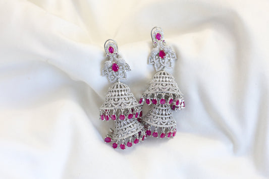 Silver Finish 2-Tier Jhumka - Ruby