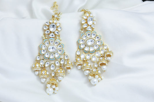 Kundan Polki Ear Chain Jhumka - Powder Blue
