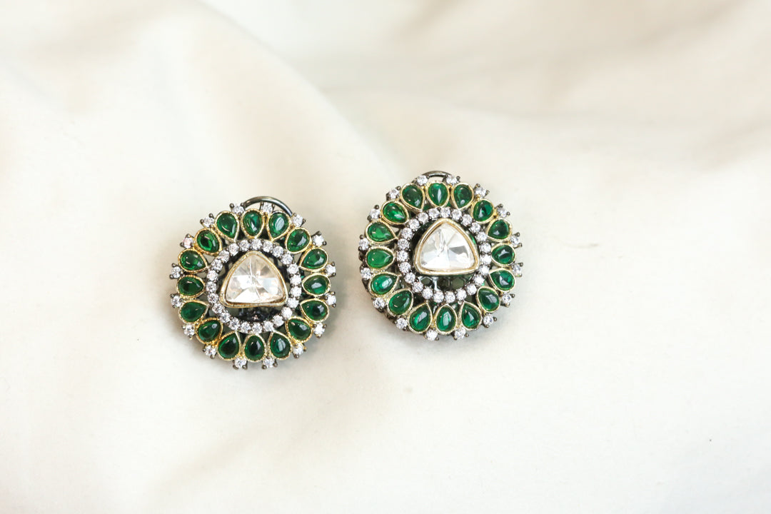 Premium Green Pota & Kundan Polki Studs
