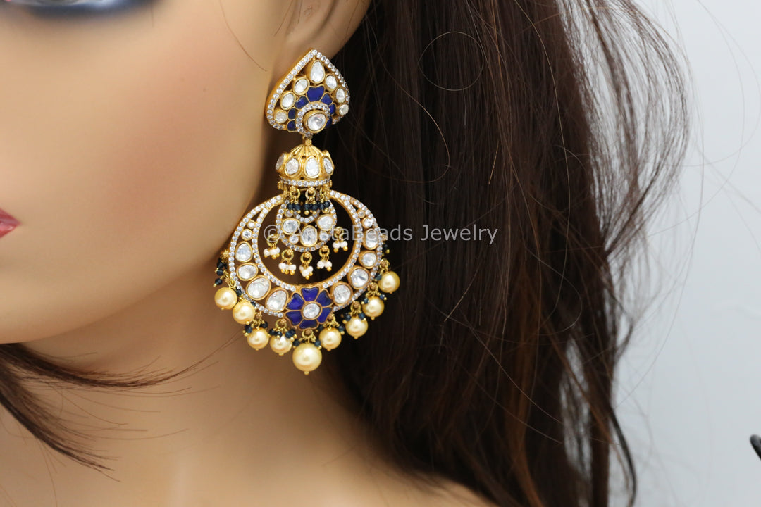 Real Moissanite Blue Kundan Jadau Earrings