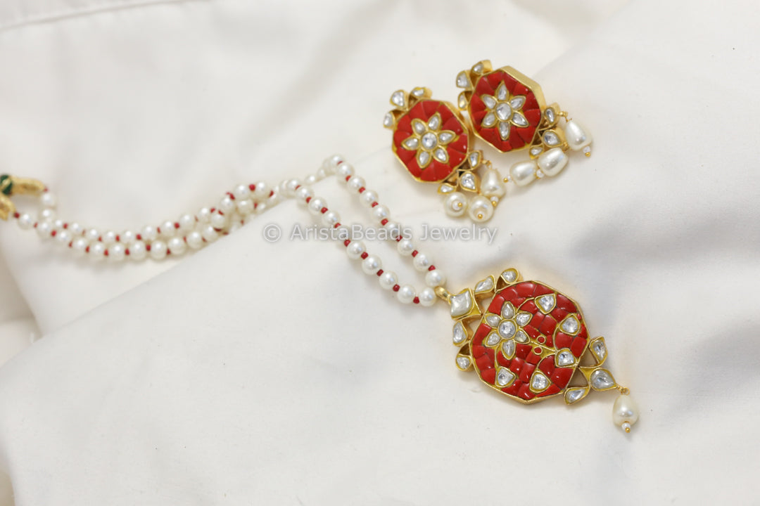 Jadau Takkar Kundan Work Necklace Set- Coral