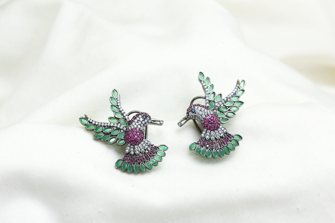 Pave Setting CZ Bird Earrings - Green Ruby