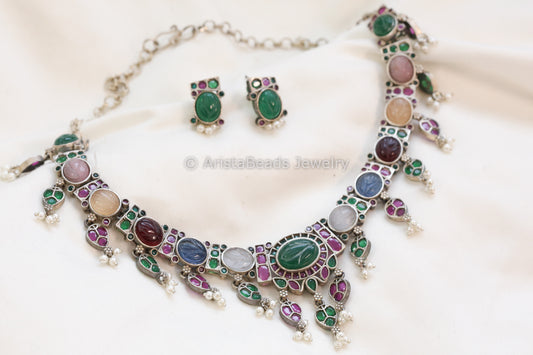Carved Stone Oxidized Necklace Set - Multi