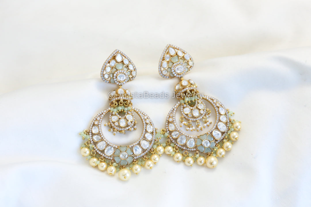 Real Moissanite Mint Kundan Jadau Earrings
