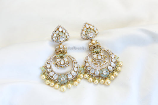 Real Moissanite Mint Kundan Jadau Earrings