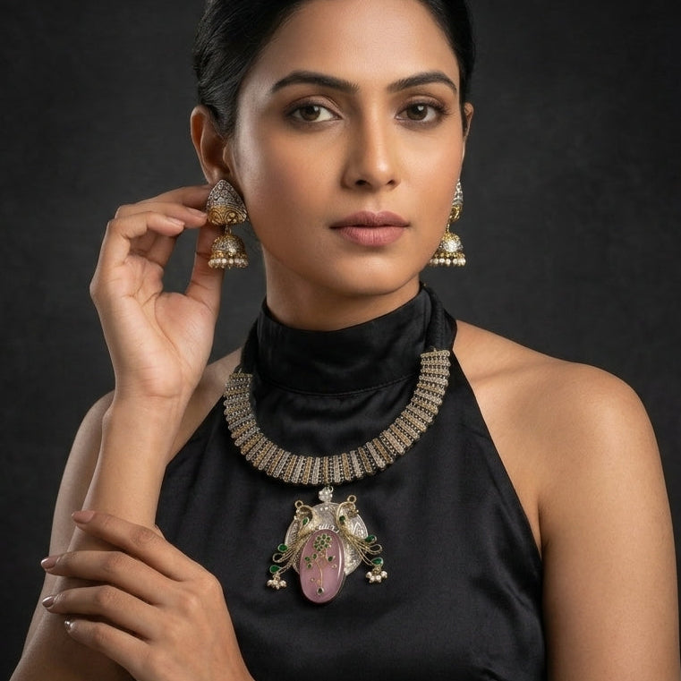 Fusion Inlay Kundan SLA Necklace - Pink