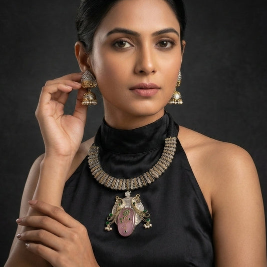 Fusion Inlay Kundan SLA Necklace - Pink