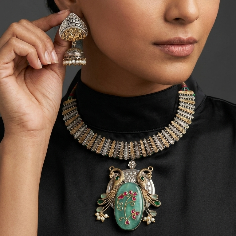 Fusion Inlay Kundan SLA Necklace - Mint