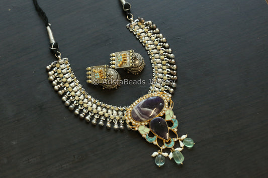 Amethyst Jadau Kundan Pendant Necklace Set - Style 5