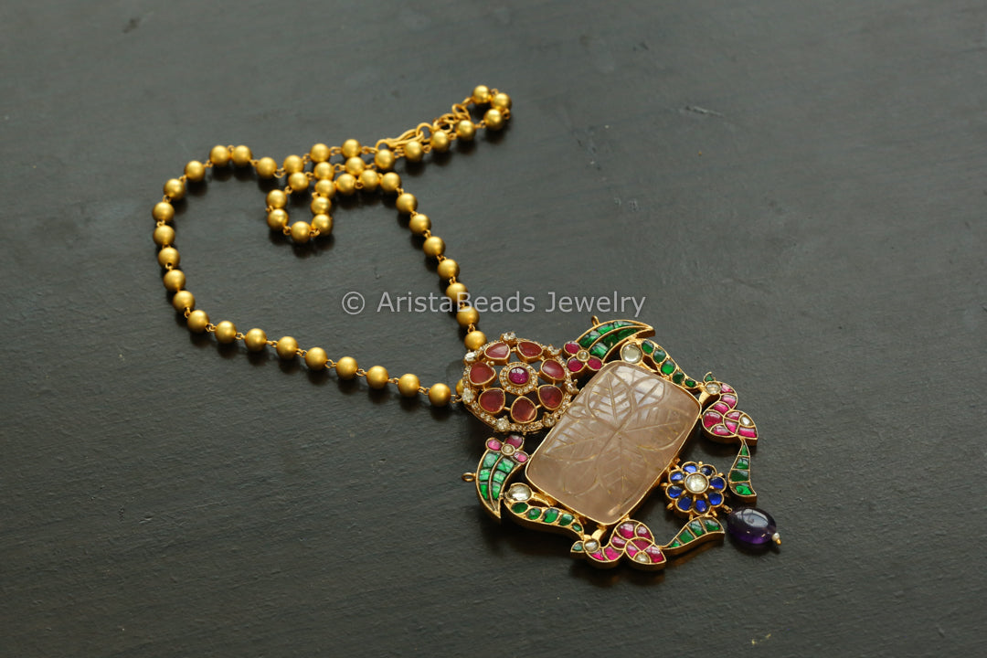 Rose Quartz Jadau Fusion Necklace In Matar Mala