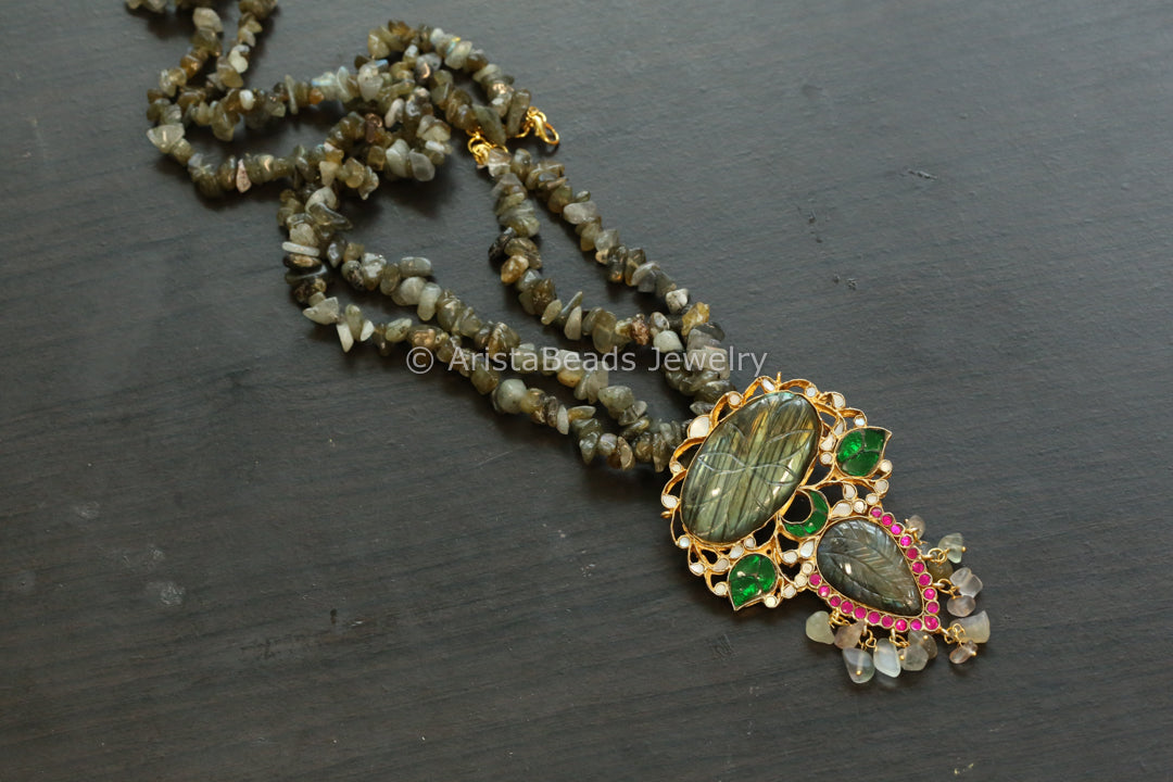 Labradorite Jadau Kundan Pendant Necklace - Style 4