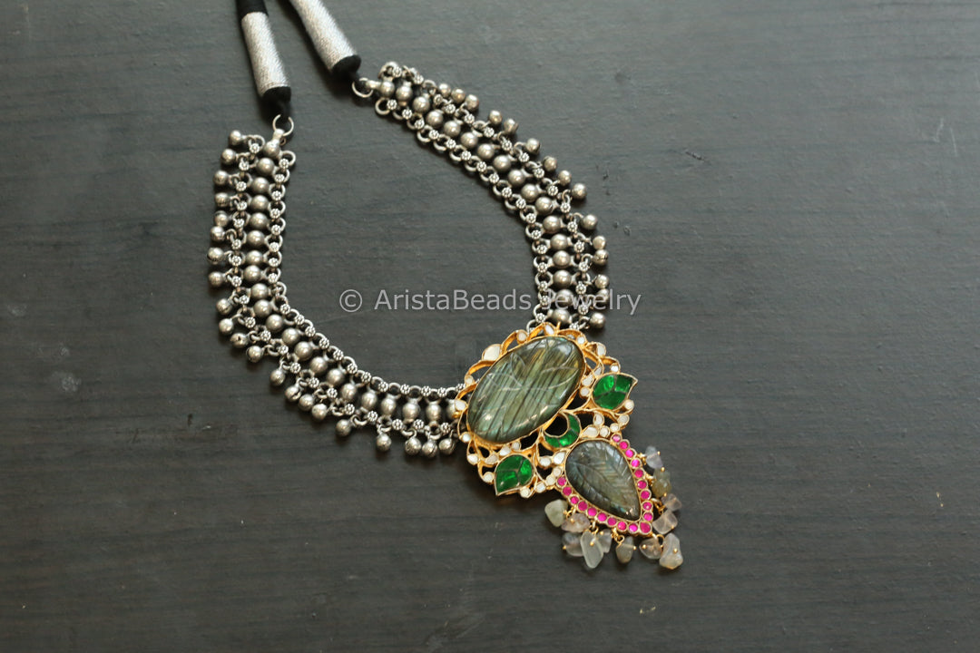Labradorite Jadau Kundan Pendant Necklace - Style 4