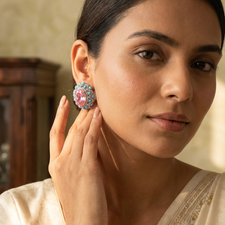 Peony Premium Micro CZ Earrings -  PInk Turquoise