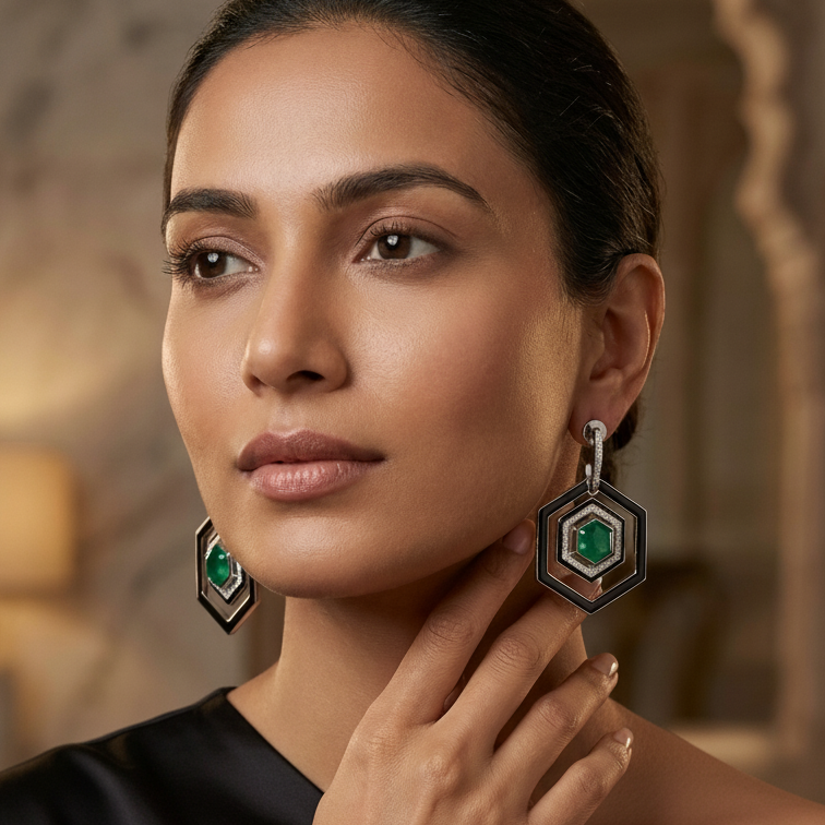Hexagon Emerald Doublet & Enamel Earrings - Emerald Green