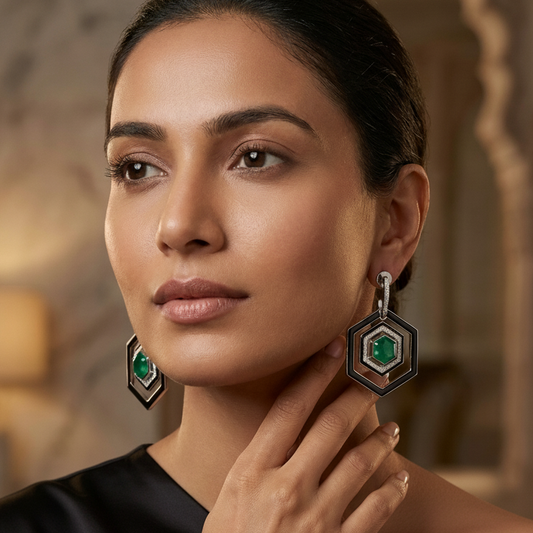 Hexagon Emerald Doublet & Enamel Earrings - Emerald Green