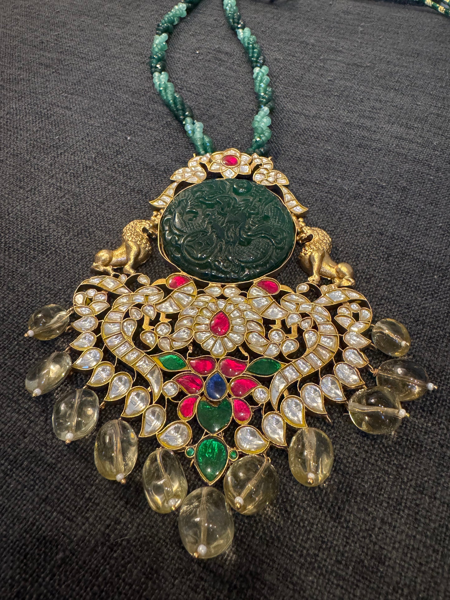 Premium Jadau Carved Jade Necklace - Lemon Quartz Drops