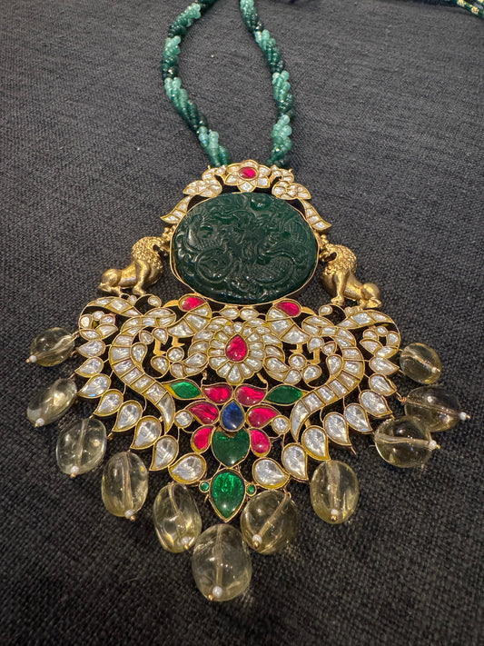 Premium Jadau Carved Jade Necklace - Lemon Quartz Drops